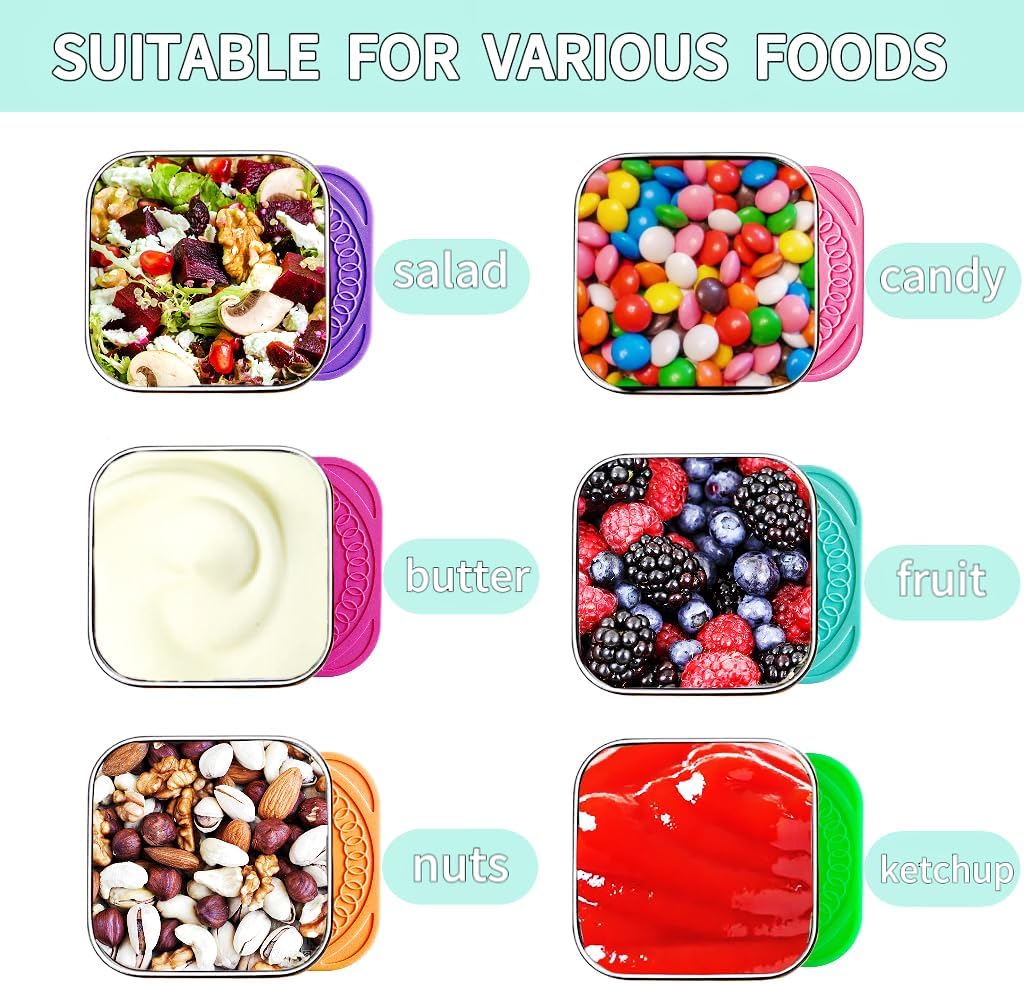 HTEVW 6Pack 6oz Stainless Steel Snack Containers for Kids, Easy Open Leak Proof Metal Toddler Snack Containers with Silicone Lids, Stackable Metal Toddler Lunch Box for Daycare, School and Travel