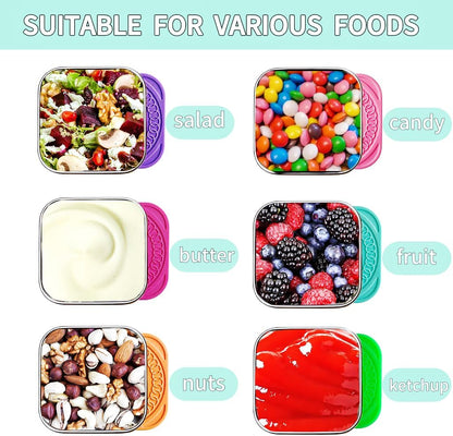 HTEVW 6Pack 6oz Stainless Steel Snack Containers for Kids, Easy Open Leak Proof Metal Toddler Snack Containers with Silicone Lids, Stackable Metal Toddler Lunch Box for Daycare, School and Travel