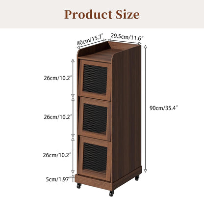 4 Tier Narrow Potato Storage Bin, Tall Wood Potato and Onion Storage Bin with Wheel, Movable Fruit and Vegetable Basket, Food Small Kitchen Pantry Cabinet, Wooden Bread Box, Walnut, Sliding Door