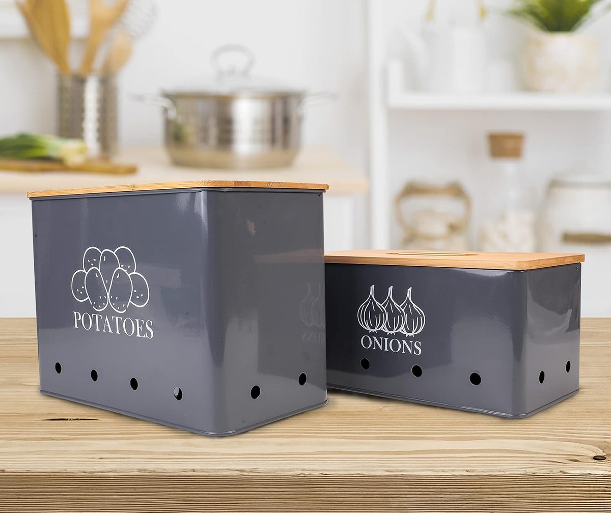 Potato and Onion Storage Bin Set of 2, Vented Metal Vegetable Storage with Wooden Lids, Farmhouse Kitchen Canisters for Countertop Pantry Organizer, Potato Bin Onion Holder for Produce Storage, Black