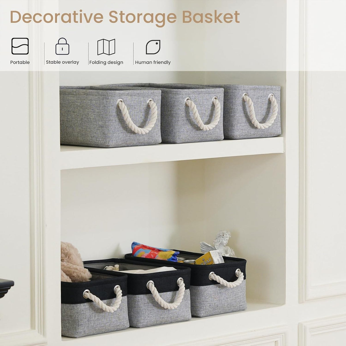 Large Storage Baskets- 15.7x11.8x8.26 inch Storage Bins for Shelves and Closet Organizing, Foldable Fabric Bin for Home Organization Clothes and Laundry (3-Pack, White&Khaki)