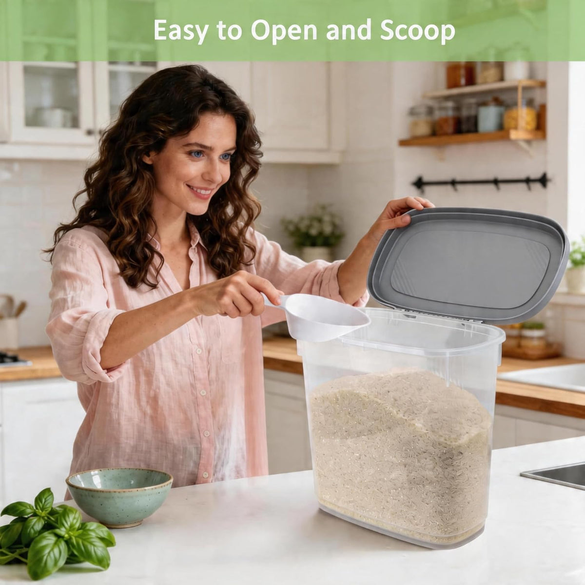 Large Rice Storage Container 15-20 Lbs, Tall Flour Container with Scoop + Cup - Slim Dry Food Storage Bin for Cereal, Sugar, Beans, Pet Dog Cat Food Container - Kitchen and Pantry Storage Organization