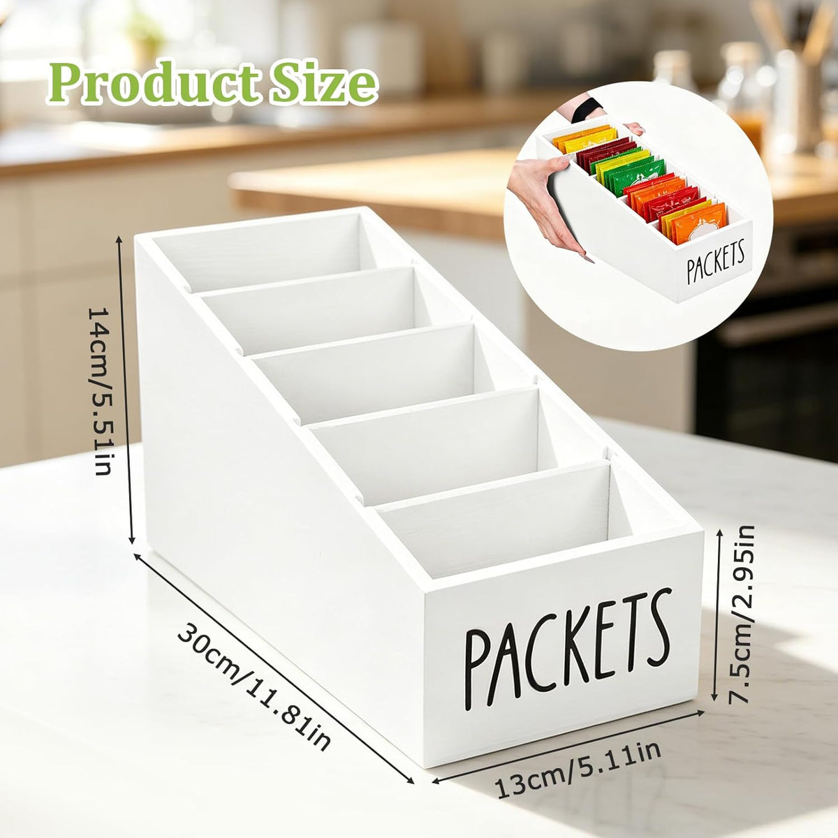 5-Section Large Capacity Seasoning Packet Organizer with Removable Dividers,Wooden Black Snack Organizer,for Kitchen Pantry Cabinet, Farmhouse Kitchen Organization Bin for Spice Packets Storage Basket
