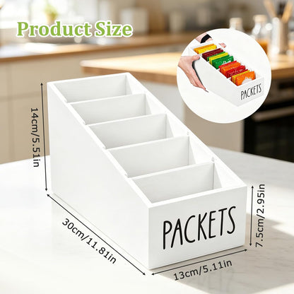 5-Section Large Capacity Seasoning Packet Organizer with Removable Dividers,Wooden Black Snack Organizer,for Kitchen Pantry Cabinet, Farmhouse Kitchen Organization Bin for Spice Packets Storage Basket