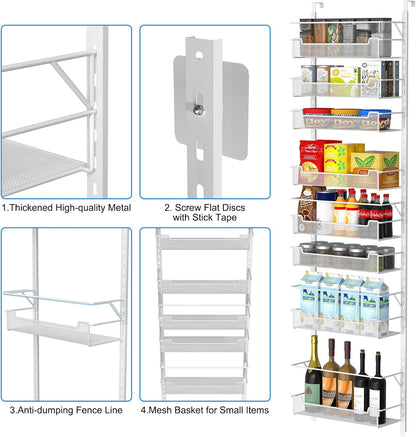 VyGrow 12.3" W Narrow Over the Door Pantry Organizer, 6-Tier Over the Door Organizer with Adjustable Basket, Pantry Door Organization for Pantry Kitchen Storage Room Spice Rack, White