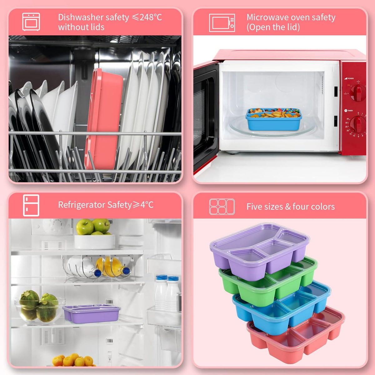 Bento Box Adult Lunch Box (4 Pack), 4-Compartment Meal Prep Container for Kids, Reusable Food Storage Containers with Transparent Lids, No BPA, Microwaveable (Wheat (Green/Blue/Pink/Beige))
