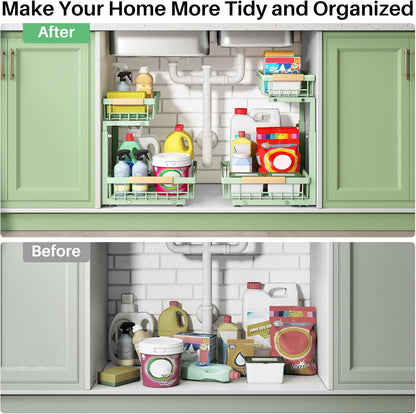 Kitstorack Under Sink Organizer, 2 Tier Under the Sink Storage, Slide out Pull out Cabinet Organizer Shelf, Metal Sliding Drawer for Kitchen Bathroom Pantry Closet Organization Rack, Black