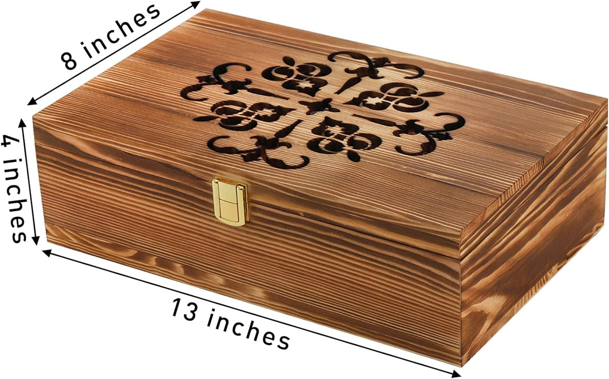 Coloch Wooden Tea Bag Storage Box with Carved Lid, 8-Compartment Tea Chest Organizer Spice Packets Container for Living Room, Kitchen, Office, Home Decor