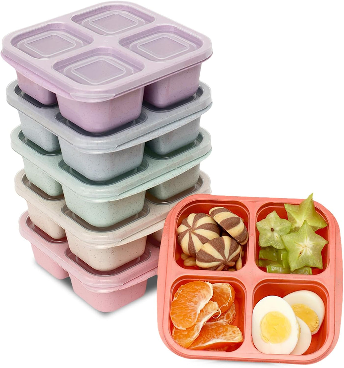 Snack Containers, 4 Compartment Snack Box Containers Bento Box, Reusable Meal Prep Lunch Containers for Adults Kids Toddler, Divided Food Containers for Travel Work School