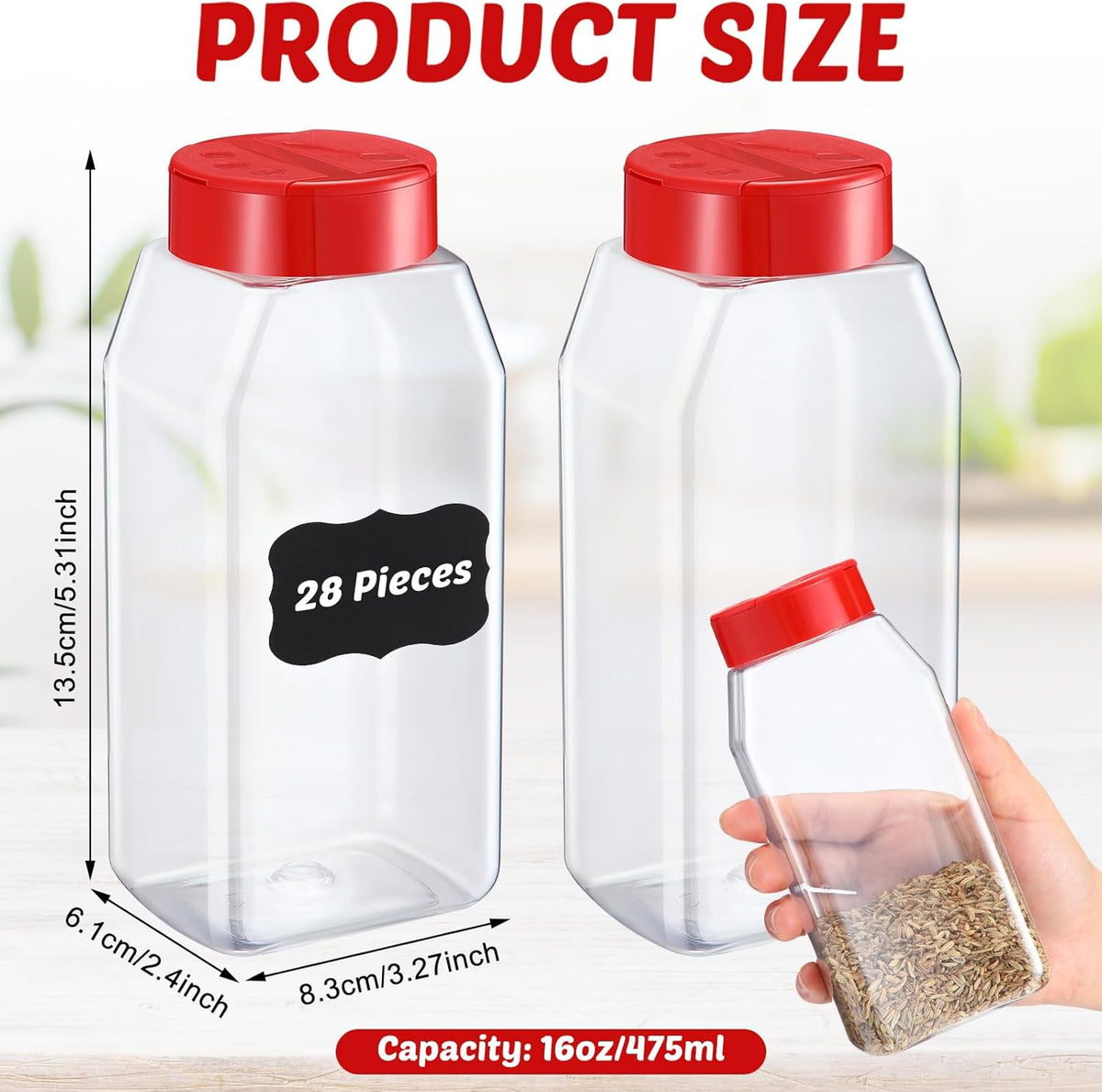 Mifoci 28 Pack 16 oz Plastic Spice Jars with Cap Square Plastic Bottle Containers with Shaker Lids and Stickers Large Seasoning Shaker Empty Powder Storage Container for Storing Salt Herbs (Black)