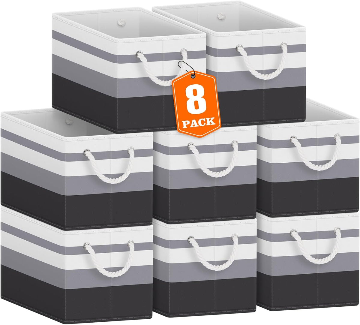 Fab totes Storage Bins, Foldable Storage Baskets for Organizing Toys, Books, Shelves, Closet, Large Storage Box with Rope Handles, Sturdy Organizer Bins, White & Grey