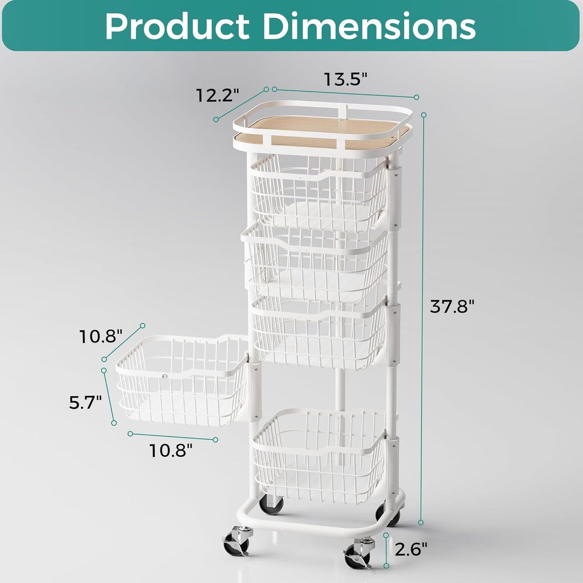 5 Tier Kitchen Fruit Vegetable Storage Cart with One-Piece Rotating Basket, Pantry Organizer Shelf Rack Floor Stand for Veggie Onion Potato Produce Spice, Rolling Snack Cart on Wheels, Black
