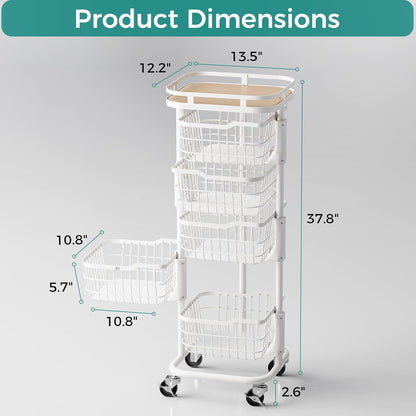 5 Tier Kitchen Fruit Vegetable Storage Cart with One-Piece Rotating Basket, Pantry Organizer Shelf Rack Floor Stand for Veggie Onion Potato Produce Spice, Rolling Snack Cart on Wheels, Black