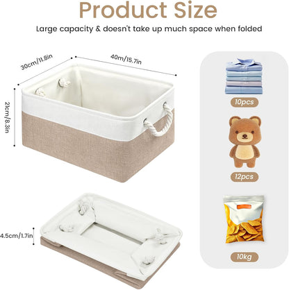 Large Storage Baskets- 15.7x11.8x8.26 inch Storage Bins for Shelves and Closet Organizing, Foldable Fabric Bin for Home Organization Clothes and Laundry (3-Pack, White&Khaki)
