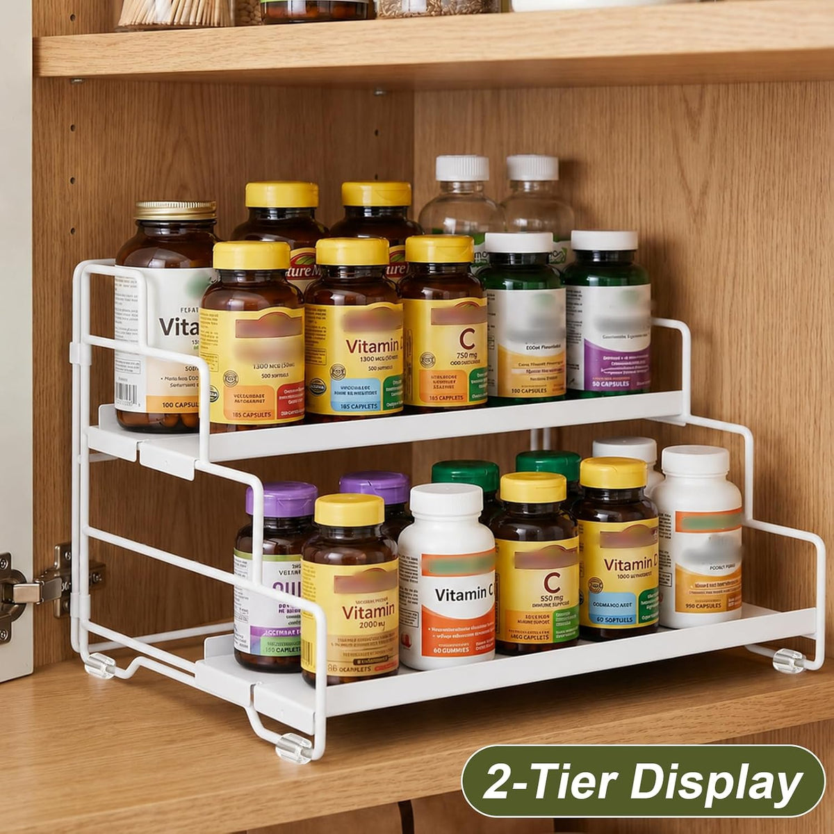 Spice Rack Organizer for Cabinet, Tiered Adjustable Spice Shelf Organization, Metal Seasoning Rack for Kitchen Countertop Cupboard Pantry, Raised Edge Anti-Slip Design for Jars and Bottles