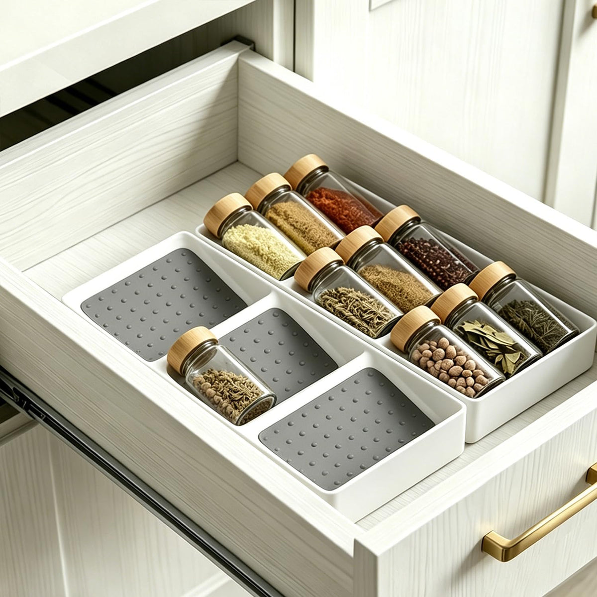 Spice Drawer Organizer,Silicone Seasoning Jar Drawer Insert,Spice Rack Organization for Drawer,Spice jar holder for drawer,Kitchen Spice Rack Tray for Cabinet Countertop Makeup Storage