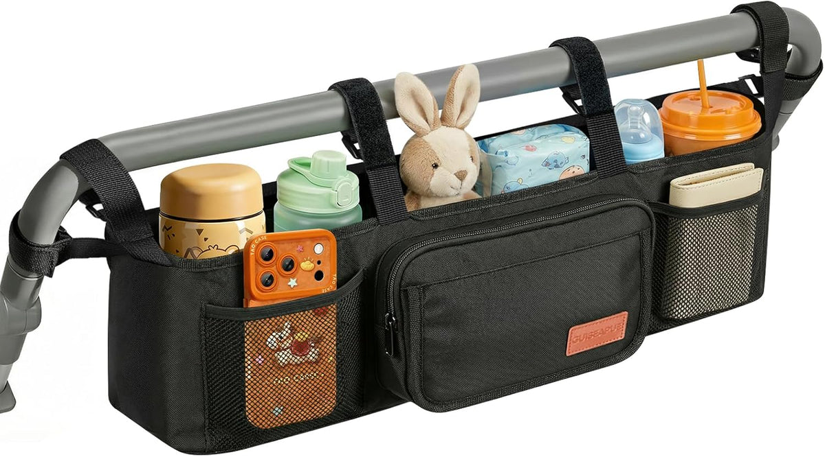 Guiseapue Universal Stroller Organizer with Cup Holder: Baby Essentials, Stroller Caddy Accessories with Detachable Phone Bag, Non-Slip Straps, Fits for Uppababy, Baby Jogger, New Moms Baby Gifts