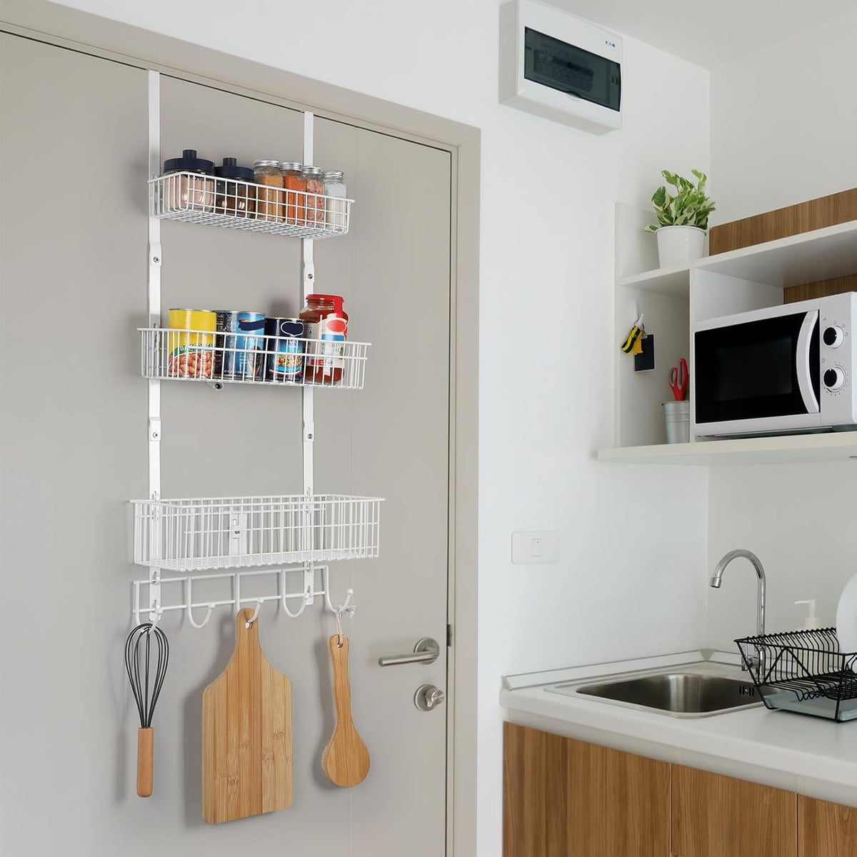 Over the Door Pantry Organizer 3 Tier Hanging Basket Back Door Storage Rack Shelf Metal Over the Door Shelves with 3 Baskets and 5 Hooks for Bathroom Kitchen Pantry Bedroom, Black