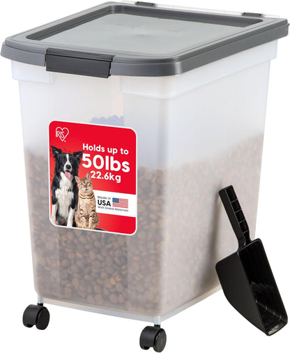 IRIS USA Airtight Dog Food Storage Container, WeatherPro, Up to 50 lbs, Removable Wheels, for Dog Cat Bird and Other Pet Food Storage Bin, Keep Fresh, Translucent Body, Made in USA, Clear/Gray