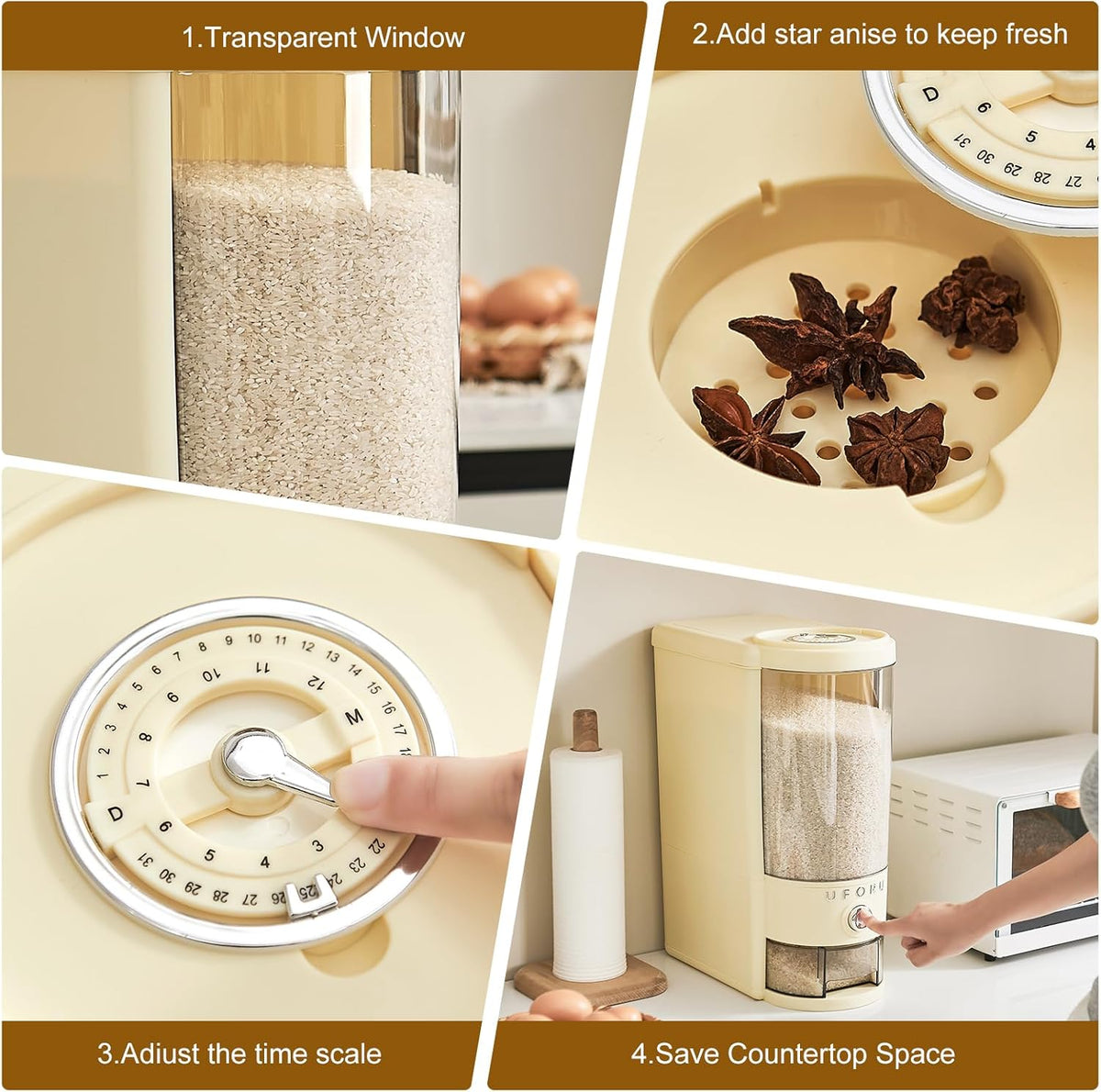 UFORU Rice Dispenser, Rice Storage Container with Measuring Cup for Kitchen Pantry Household, Cereal Dry Food Storage Containers Airtight, Sealed Moisture Proof (Brown 11 Lbs)