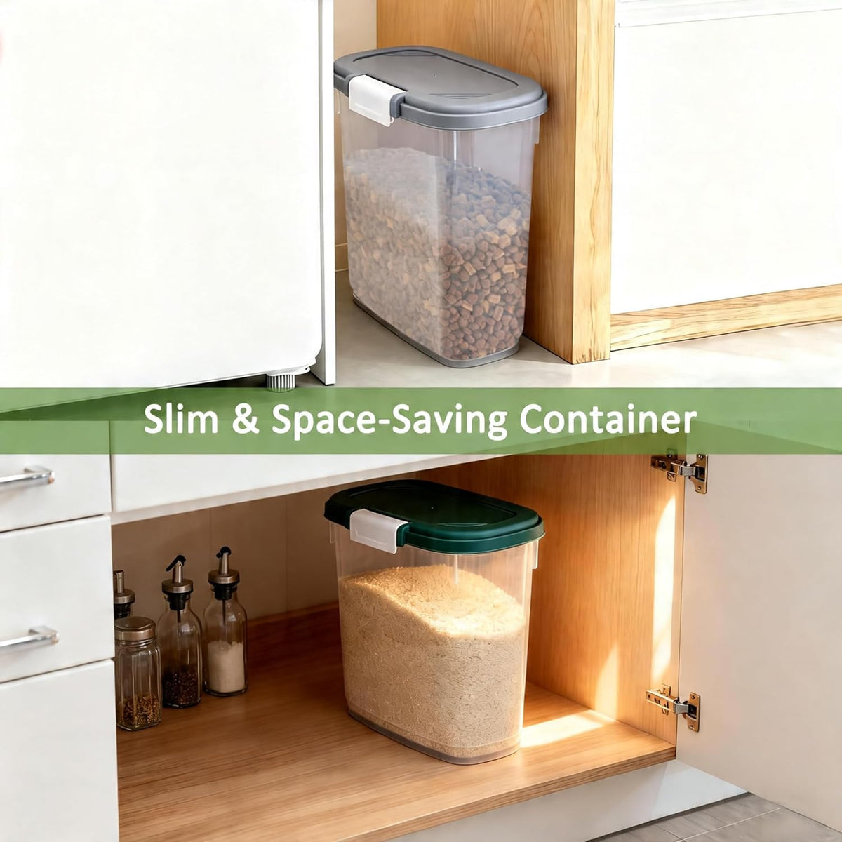 Large Rice Storage Container 15-20 Lbs, Tall Flour Container with Scoop + Cup - Slim Dry Food Storage Bin for Cereal, Sugar, Beans, Pet Dog Cat Food Container - Kitchen and Pantry Storage Organization