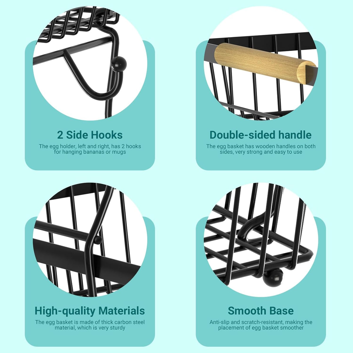 2 Tier Fruit Basket for Kitchen Counter with 2 Banana Hangers, Countertop Metal Bread Basket with Wooden Handle, Large Storage Stand for Vegetables, Snacks, Eggs, Produce Storage – Black