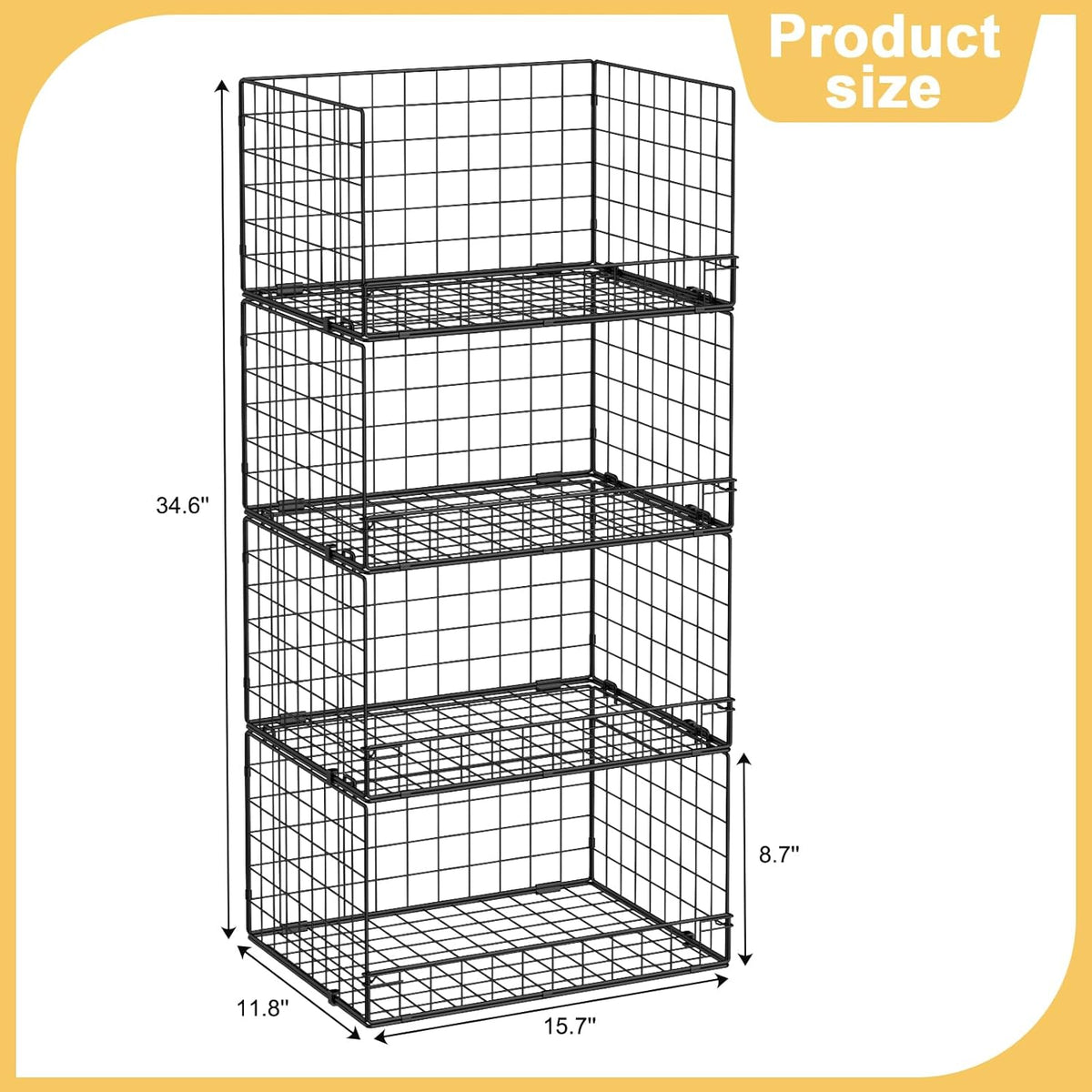 4 Pack Stackable Wire Baskets for Pantry Organizers and Storage, Pantry Baskets with Fixed Wooden Top, Fruit and Vegetable Storage Bins for Organizing Onion Potato Snack for Kitchen Cabinet/Countertop