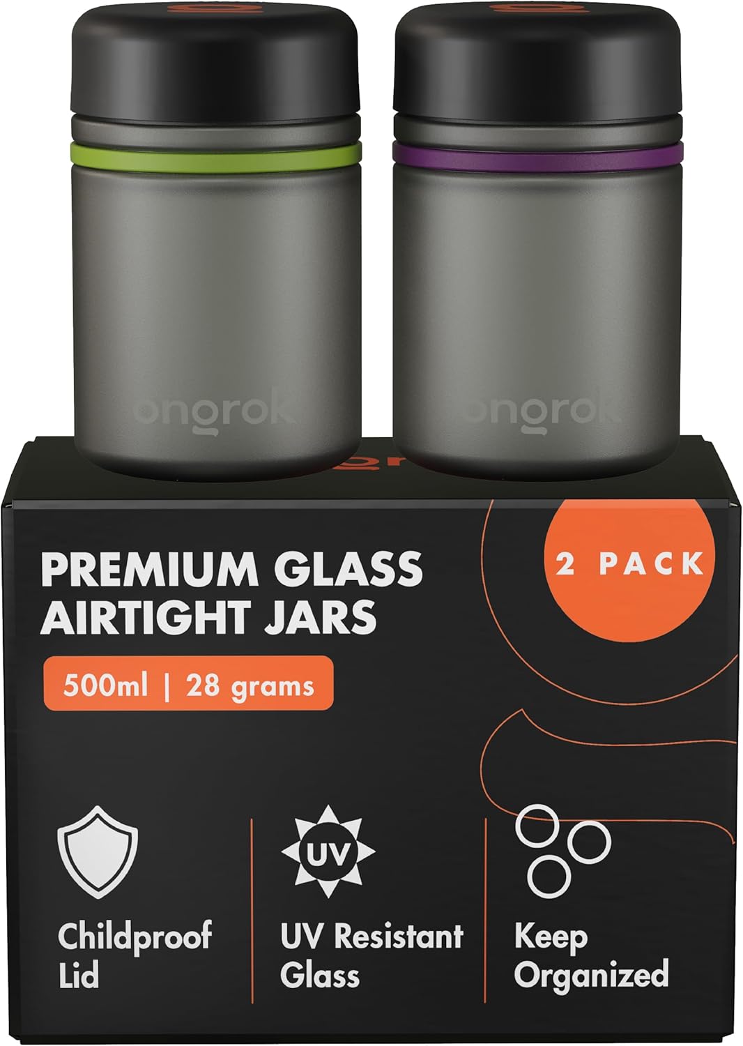 ONGROK Glass Storage Jar, 180ml | UV Herb/Spice Jar with Child‑Resistant Lid, Color‑Coded Glass Containers to Preserve Smell and Aroma