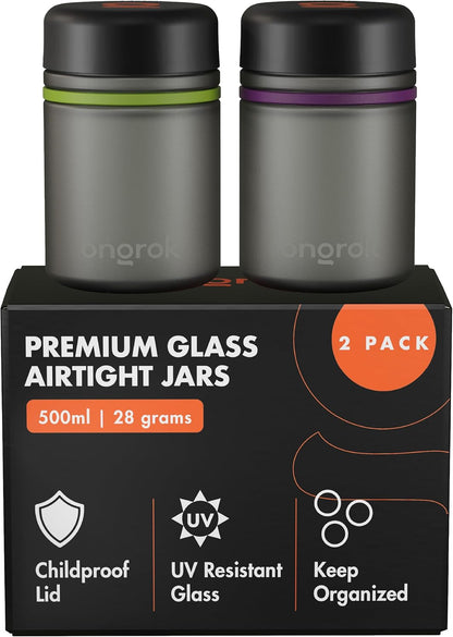 ONGROK Glass Storage Jar, 180ml | UV Herb/Spice Jar with Child‑Resistant Lid, Color‑Coded Glass Containers to Preserve Smell and Aroma