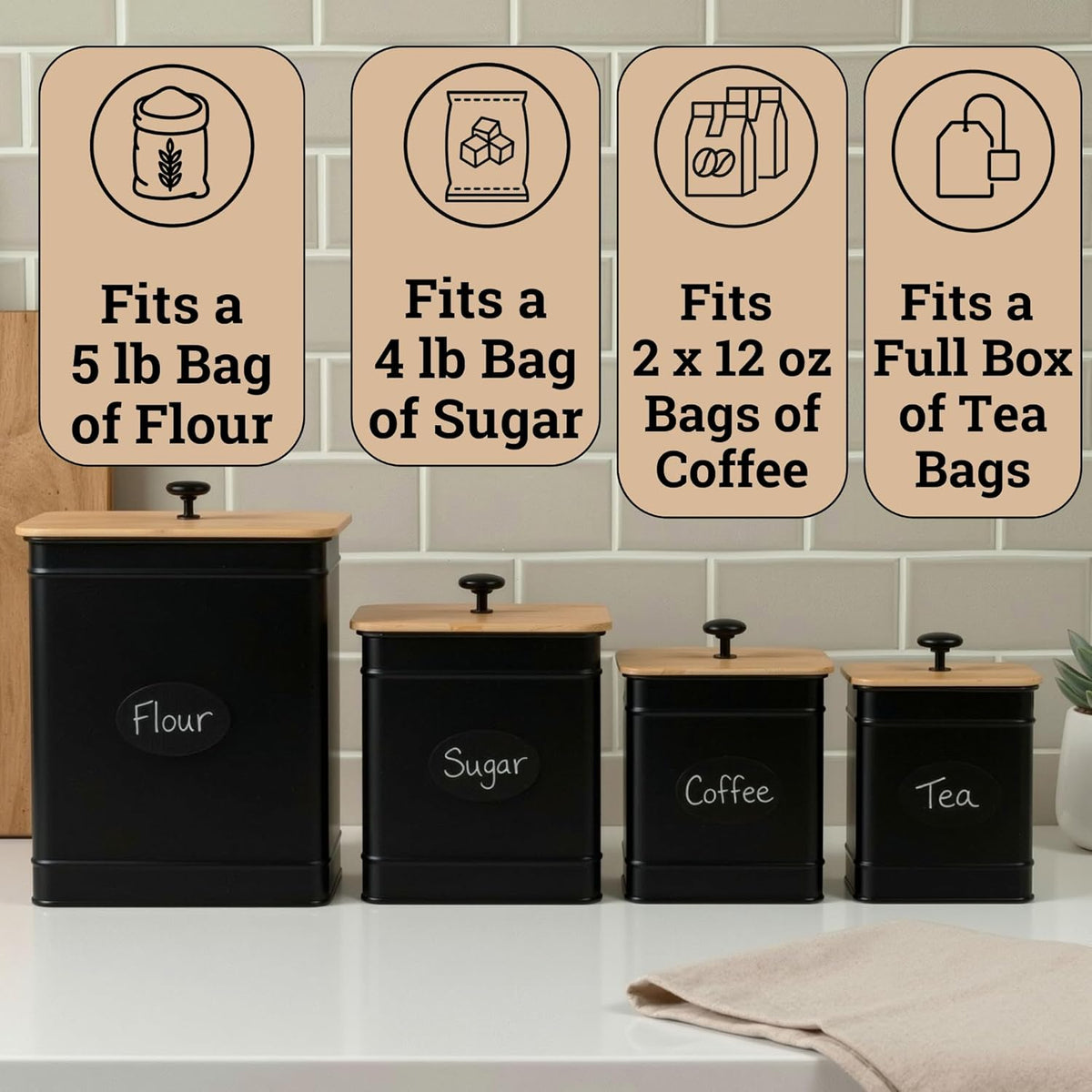 Kitchen Canisters for Countertop Set of 4 with Customizable Chalkboard Labels & Marker Pen - Big Iron Kitchen Canisters with Airtight Lids - Black Canister Set - Flour and Sugar Containers Farmhouse