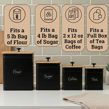 Kitchen Canisters for Countertop Set of 4 with Customizable Chalkboard Labels & Marker Pen - Big Iron Kitchen Canisters with Airtight Lids - Black Canister Set - Flour and Sugar Containers Farmhouse