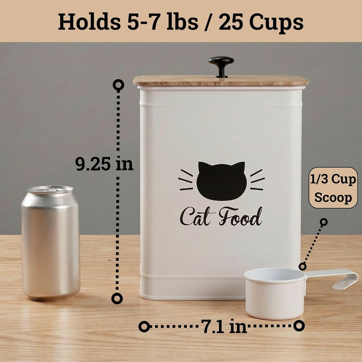 Cat Food Storage Container with Scoop - 5-7 lb (25 Cup) Capacity Metal Cat Food Container with Airtight Bamboo Lid and Metal Scoop - Airtight Pet Food Storage Containers 5 lb - 7 lb Kibble Container