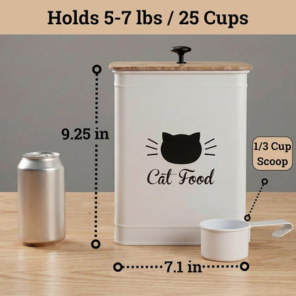 Cat Food Storage Container with Scoop - 5-7 lb (25 Cup) Capacity Metal Cat Food Container with Airtight Bamboo Lid and Metal Scoop - Airtight Pet Food Storage Containers 5 lb - 7 lb Kibble Container