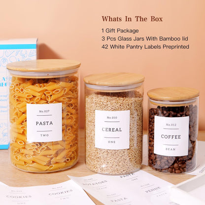 Borosilicate Glass Storage Jars with Bamboo Lids + 132 Pre-Printed Pantry Labels Included, BPA-Free Thicken Airtight Containers for Flour, Sugar, Rice, Microwave & Freezer Safe(100OZ/54OZ/27OZ)