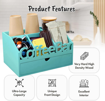 Coffee Bar Organizer for Countertop – Wooden Coffee Caddy with Compartments for Pods, Sugar Packets, and Accessories – Coffee Condiment Station Storage for Home and Office (Black)