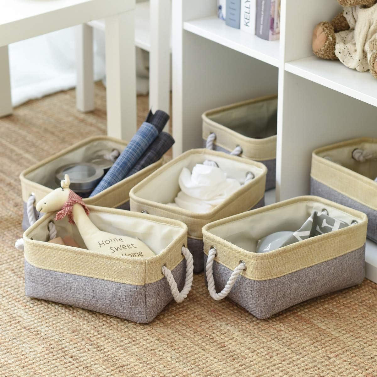 Fabric Storage Bins 12x8x5 inch [6-Pack] with Rope Handles - Decorative Baskets for Organizing