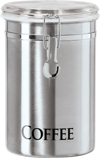 Oggi Stainless Steel Sugar Canister 62 fl oz - Airtight Clamp Lid, Clear See-Thru Top - Ideal Sugar Container for Countertop, Sugar Jar, Bulk Sugar Storage. Large Size 5" x 7.5".