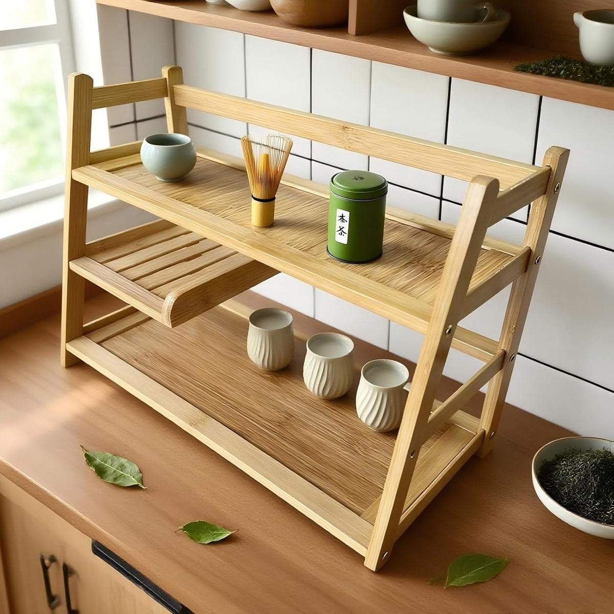 3 Tier Bamboo Matcha Station, coffee station organizer Shelf for Kitchen Countertop, Tea Bar - Matcha Powder, Tools & Cup Organizer for Matcha Lovers, Home Baristas.