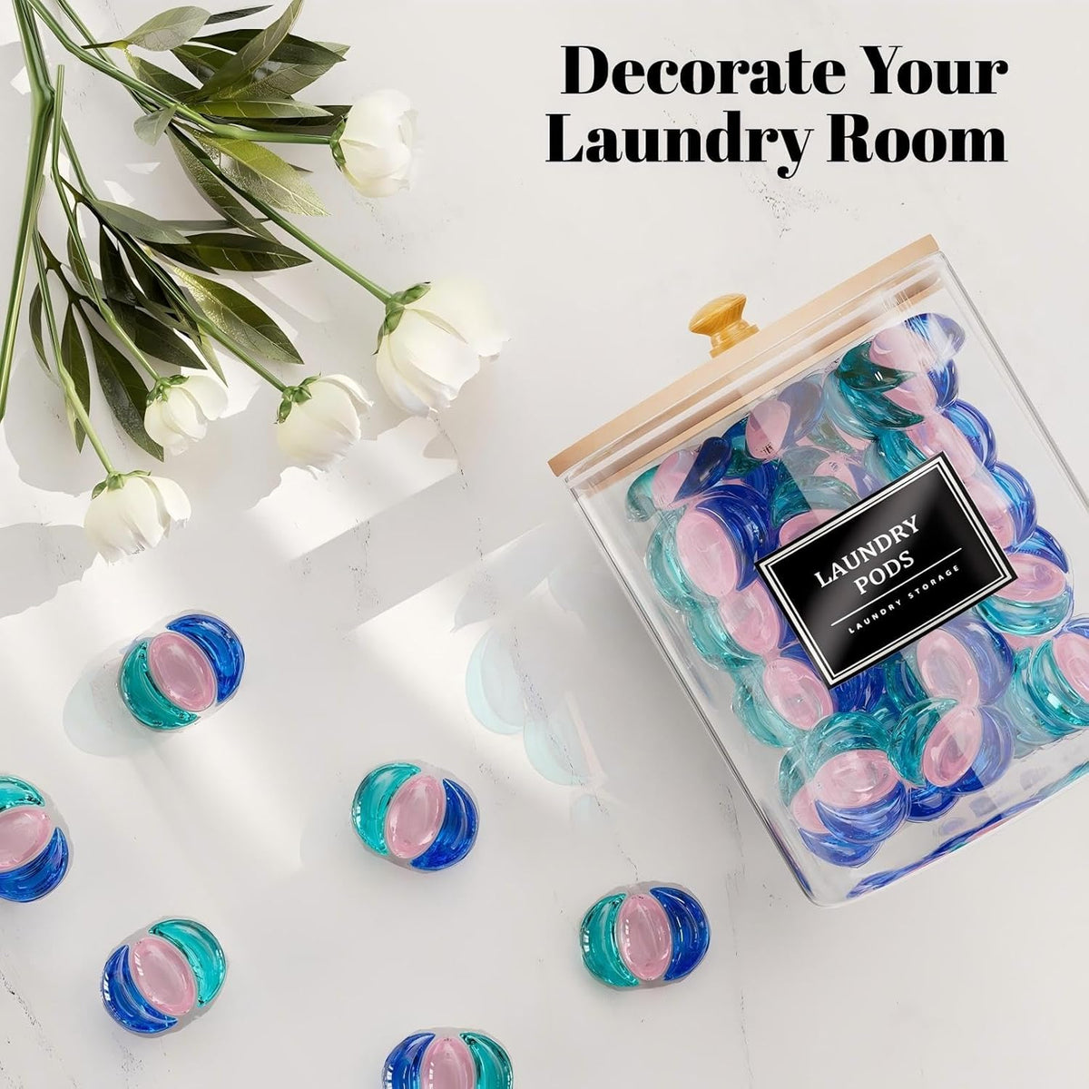 HomePekite Laundry Pods Storage Container, Clear Laundry Room Organization and Storage,Detergent Powder Container,with Wooden Lids & Labels, 3+