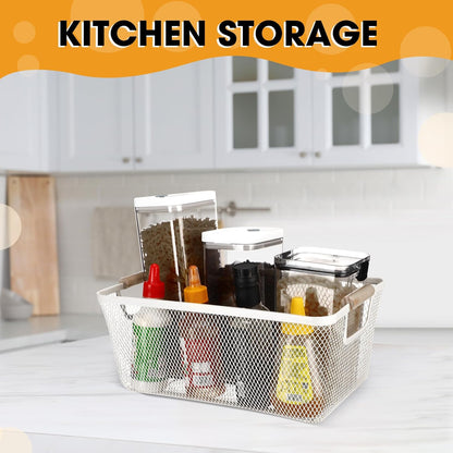 Ziliny 4 Pcs Metal Mesh Wire Baskets with Wooden Handles for Organizing, Pantry Organizers and Storage Steel Bin Kitchen Baskets for Fruit Potato Onion Snacks Bathroom Cabinet(Small,Black)