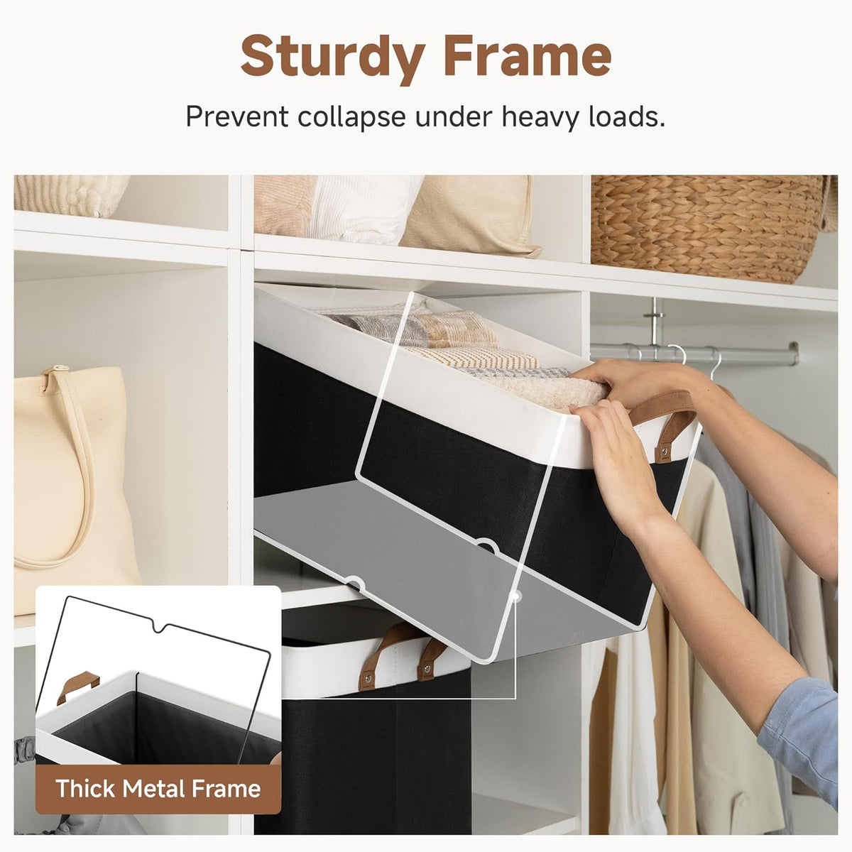 StorageWorks Storage Bins, Shelves Baskets for Organizing, Fabric Closet Organizers with Handles, Metal Frame, Beige-Cotton-linen, 2-Pack