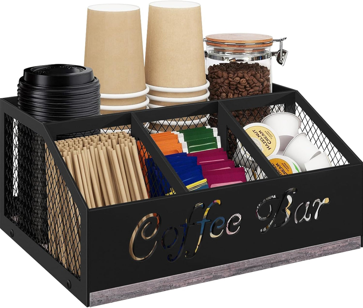 Coffee Station Organizer, Rustic Brown Wooden Countertop Coffee Bar Accessories Organizer with Metal Mesh Compartments for Pods, Syrup, Cups, Stirrer, Tea