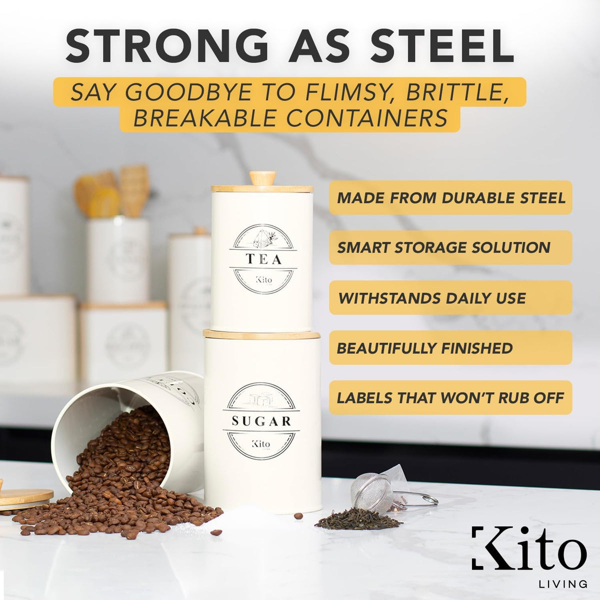 Kito LIVING Canister Sets for Kitchen Counter with Wooden Bamboo Lids, Kitchen Canisters for Countertop, Stackable Steel Farmhouse Canisters for Potato Storage, Onion and Potato Storage Bins - Cream