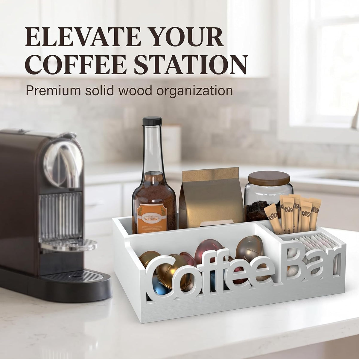 Coffee Bar Organizer for Countertop – Wooden Coffee Caddy with Compartments for Pods, Sugar Packets, and Accessories – Coffee Condiment Station Storage for Home and Office (Black)
