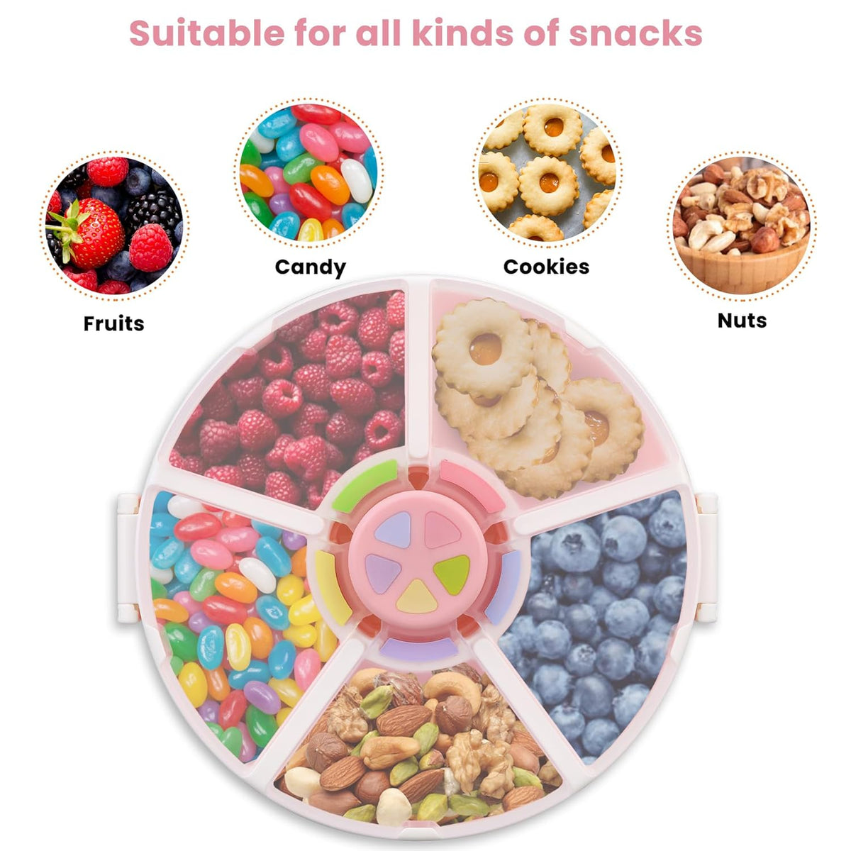 Pawtong Snack Rotator Container Reusable Snack Box with 5 Compartment Dispenser and Lid, Color Matching Opening Lid, BPA and PVC Free, for Home, School, Travel (Purple)