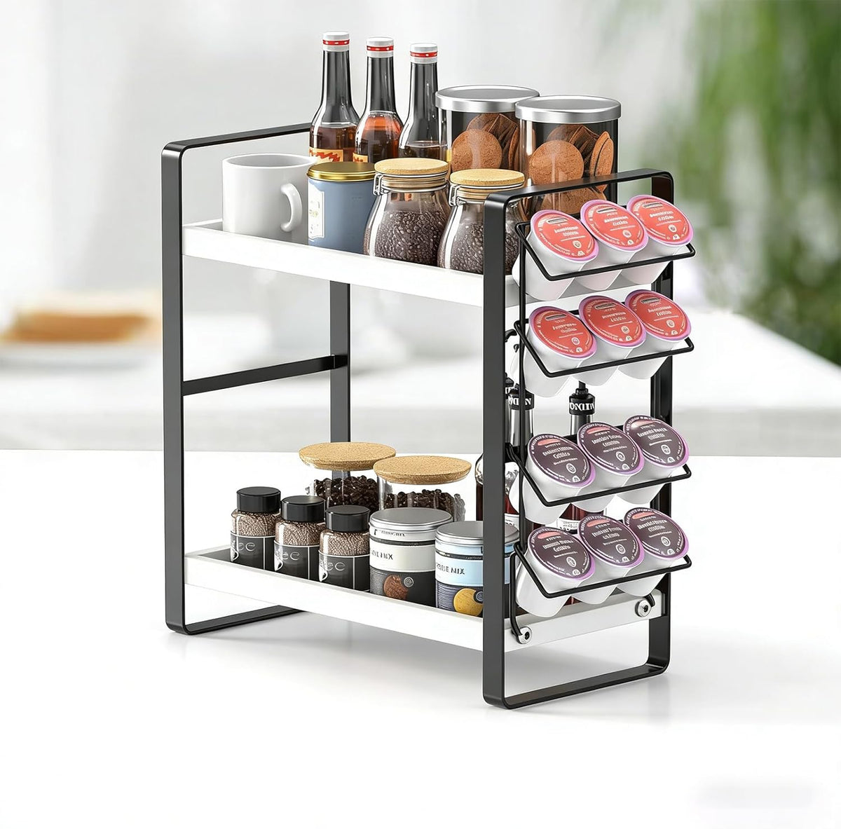 LEMIKKLE 2-Tier Coffee Bar Organizer With Basket,Wooden Counter Shelf for Coffee Bar Accessories,Kitchen Spice Rack Organizer for Countertop-Brown