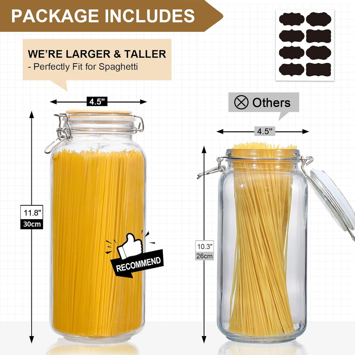 VITEVER [ Taller ] 92oz Glass Jars with Airtight Lid, Large Glass Food Storage Jars, 3 Pack Wide Mouth Airtight Glass Jars for Kitchen Pantry Spaghetti, Square Mason Jars with Labels