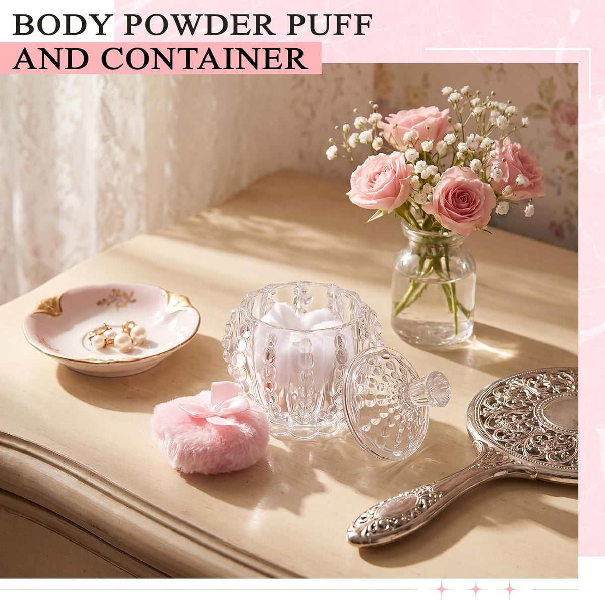 Tioncy 3 Pcs Large Body Powder Puff and Container Valentine's Day gift Powder Container with Puff Crystal Case Soft Washable Reusable Velour Face Body Glitter Wet Dry Makeup (Classic,Clear)