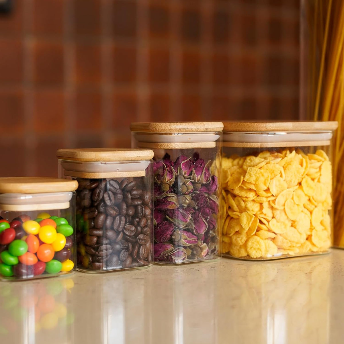 SHOWIN Glass Food Storage Jars Square 37oz, 4 Pack Glass Jars With Bamboo Lids, Kitchen Storage Containers For Spice, Candy, Cookie, Storage For Pantry Organizers