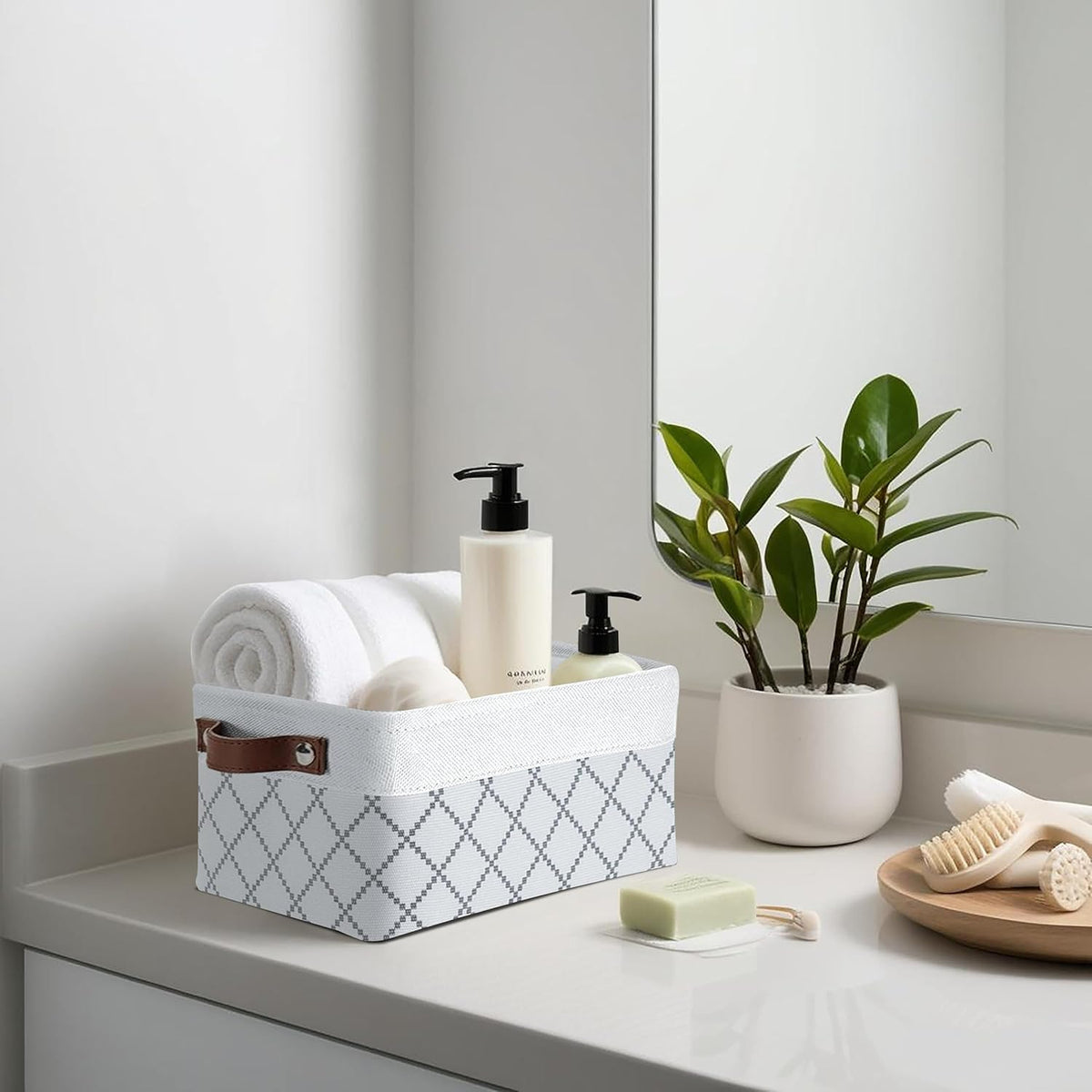 DECOMOMO Storage Bins, Large Fabric Storage Baskets for Shelves, Decorative Linen Closet Organizer, 15 x 11 x 9.5 inches (Beige & White, 3 Pack)